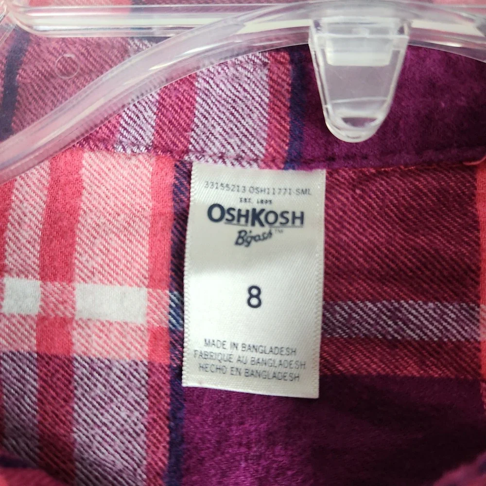 OshKosh‎ B'gosh Popover Tunic Top Girls 8 Pink Plaid Flannel Cotton Tie Waist